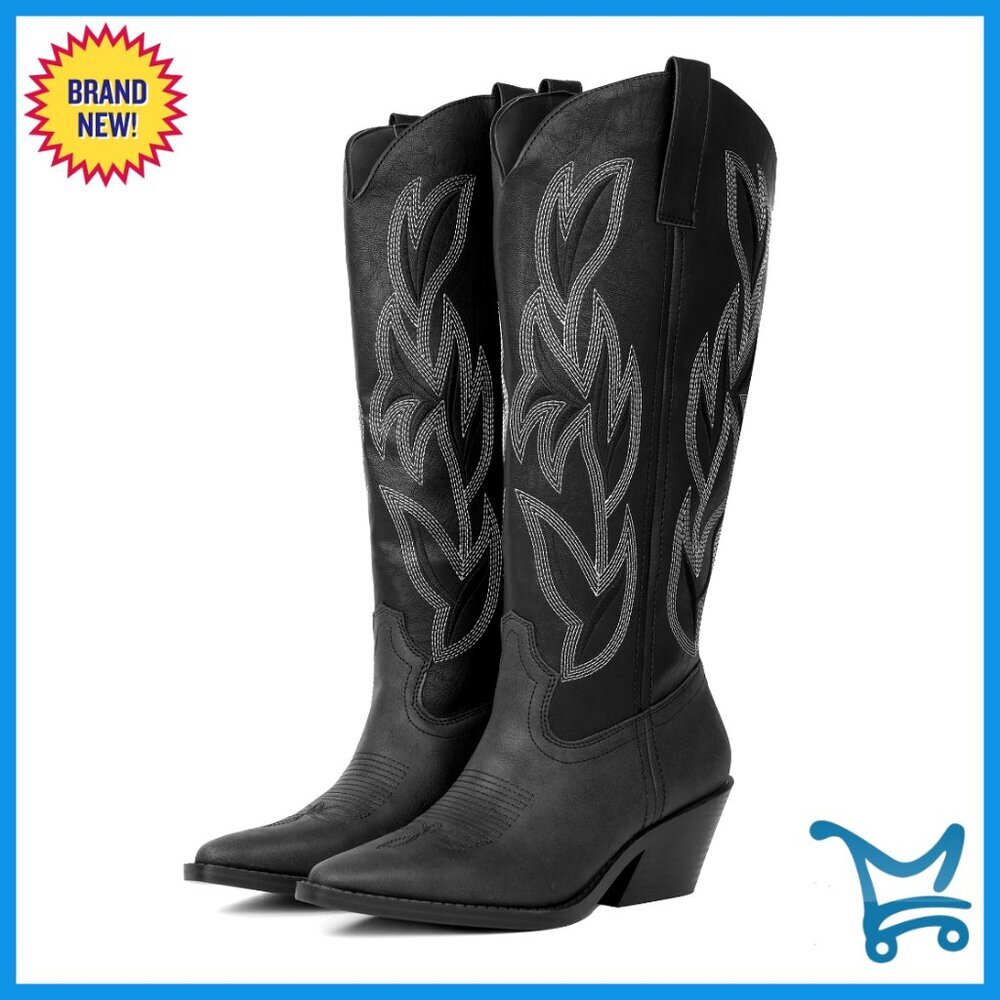 Knee High Western Boots Snip Toe Block Heel Embroidered Faux Leather